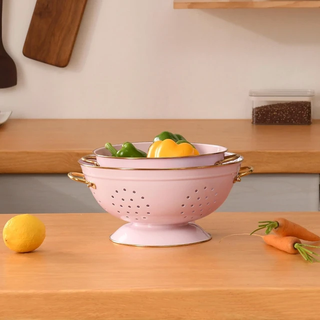 Alt view image 7 of 7 - Metal Colander Set of 2, Strainer Basket with Handles 3.5 & 5 Qt Powder Coated Self-draining Solid Ring Base Metal Large Kitchen Colander Bowel for Pasta Vegetable Fruit (PINK)