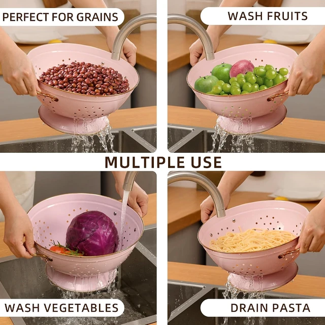 Alt view image 6 of 7 - Metal Colander Set of 2, Strainer Basket with Handles 3.5 & 5 Qt Powder Coated Self-draining Solid Ring Base Metal Large Kitchen Colander Bowel for Pasta Vegetable Fruit (PINK)