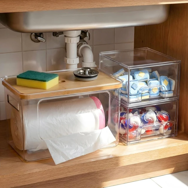 Main image of Under Sink Organizer 3 in 1, Stackable Acrylic Bathroom Storage, Trash Bag Dispenser and Dishwasher Pods Holder for Kitchen and Laundry Room Organization