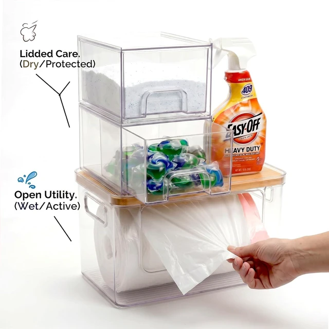 Alt view image 2 of 7 - Under Sink Organizer 3 in 1, Stackable Acrylic Bathroom Storage, Trash Bag Dispenser and Dishwasher Pods Holder for Kitchen and Laundry Room Organization