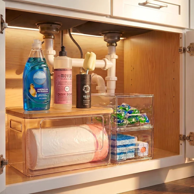 Alt view image 4 of 7 - Under Sink Organizer 3 in 1, Stackable Acrylic Bathroom Storage, Trash Bag Dispenser and Dishwasher Pods Holder for Kitchen and Laundry Room Organization