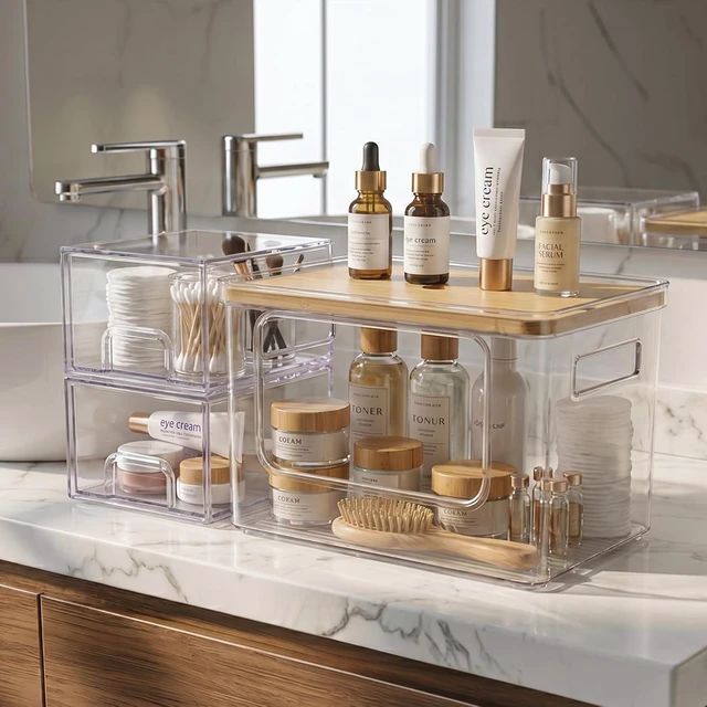 Alt view image 5 of 7 - Under Sink Organizer 3 in 1, Stackable Acrylic Bathroom Storage, Trash Bag Dispenser and Dishwasher Pods Holder for Kitchen and Laundry Room Organization