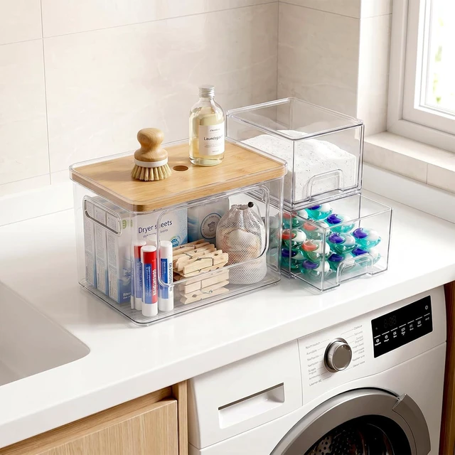 Alt view image 6 of 7 - Under Sink Organizer 3 in 1, Stackable Acrylic Bathroom Storage, Trash Bag Dispenser and Dishwasher Pods Holder for Kitchen and Laundry Room Organization