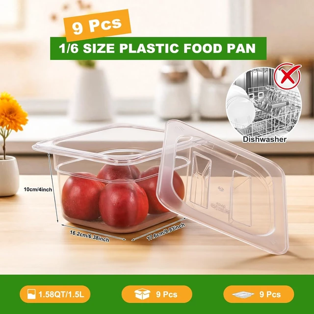 Alt view image 6 of 7 - 9-Pack 1/6 Size 4''Deep NSF Polycarbonate Food Pans with Lids