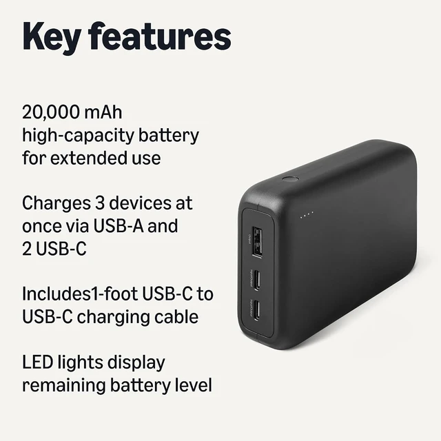 Alt view image 2 of 5 - High-Capacity Portable Charger Power Bank with 3-Port Output, 20,000 mAh, Black