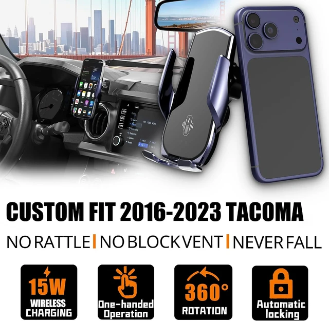 Alt view image 2 of 6 - Car Phone Mount for Toyota Tacoma 20162023, Smart Auto-Clamping on Custom Dashboard Base, 15W Wireless Fast Charging, 360° Adjustable, Without Blocking Airflow, Toyota Tacoma Essential Accessories