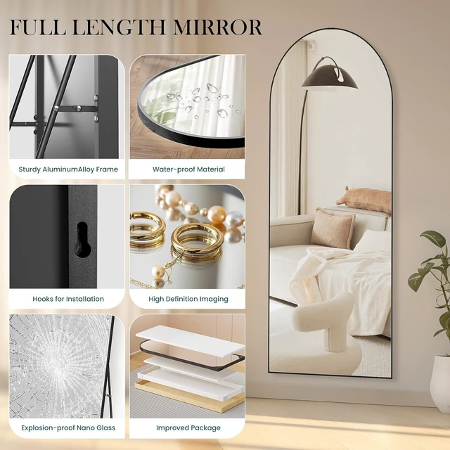 Alt view image 5 of 7 - Arched Full Length Floor Mirror, 16"x59" Body Wall Mirror with Stand