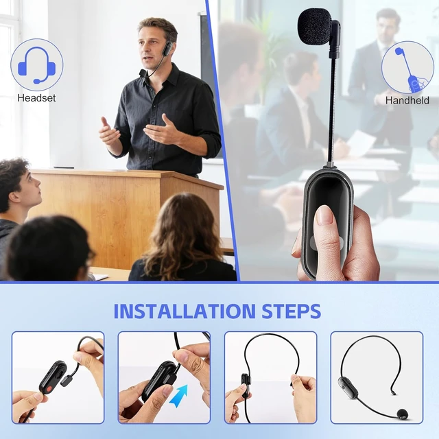Alt view image 5 of 7 - Wireless Headset Microphone System Double: 2.4G Cordless Mic Head for Two People, Head Handheld Mic - USB-C Rechargeable, 1/4'' and 1/8'' Plug for PA System, Voice Amplifier, Teaching, Fitness