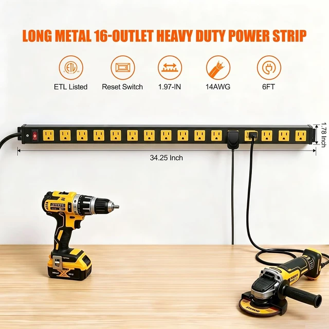 Alt view image 2 of 7 - Long Power Strip, 16 Outlet Strip, Widely Spaced, 6FT Cord