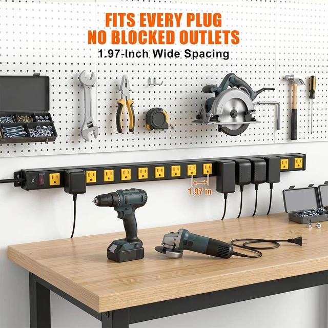 Alt view image 3 of 7 - Long Power Strip, 16 Outlet Strip, Widely Spaced, 6FT Cord
