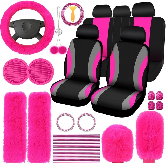 Main image of 43 Pcs Car Seat Cover Full Set for Women Christmas Fuzzy Car Accessories Fluffy Steering Wheel Cover Front Rear & Belt Handbrake Shift Accessory for Winter (Rose Red)
