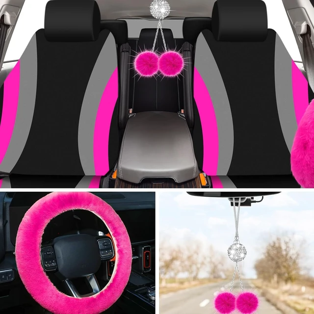 Alt view image 5 of 7 - 43 Pcs Car Seat Cover Full Set for Women Christmas Fuzzy Car Accessories Fluffy Steering Wheel Cover Front Rear & Belt Handbrake Shift Accessory for Winter (Rose Red)