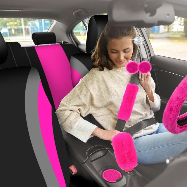Alt view image 7 of 7 - 43 Pcs Car Seat Cover Full Set for Women Christmas Fuzzy Car Accessories Fluffy Steering Wheel Cover Front Rear & Belt Handbrake Shift Accessory for Winter (Rose Red)