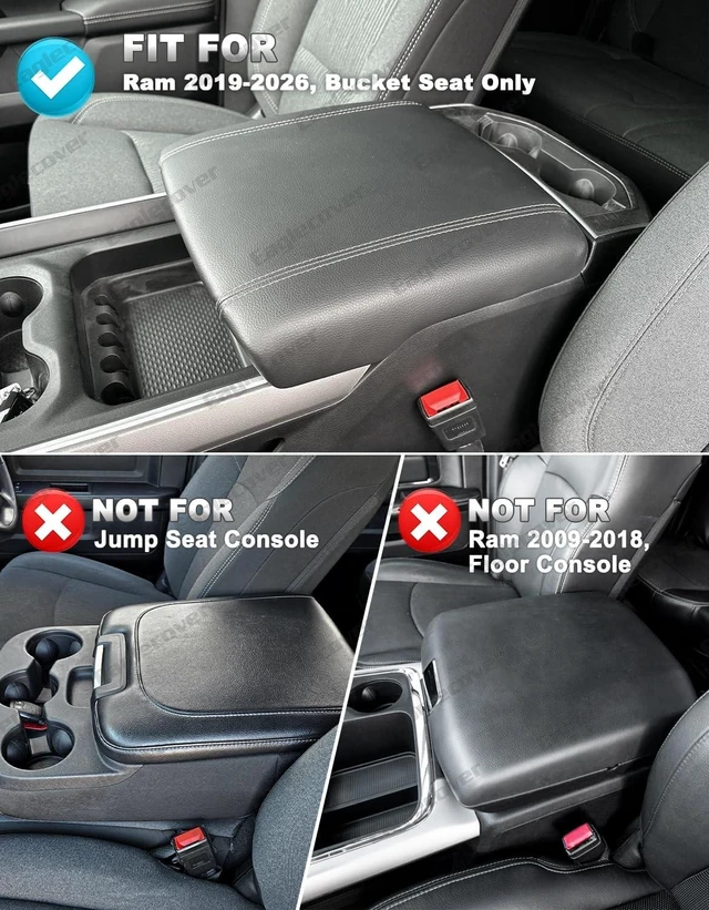 Alt view image 2 of 7 - Center Console Cover for Dodge Ram 1500 2019-2026, Bucket Seat, Vinyl Leather Interior Accessories, Car Armrest Cushion Pad, Anti-Scratch, Black-Red Stitch