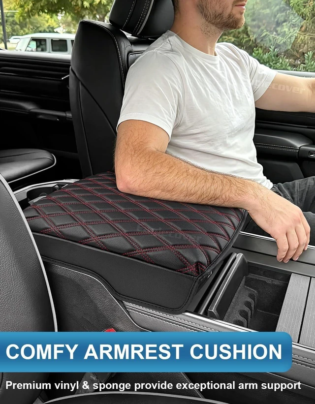 Alt view image 3 of 7 - Center Console Cover for Dodge Ram 1500 2019-2026, Bucket Seat, Vinyl Leather Interior Accessories, Car Armrest Cushion Pad, Anti-Scratch, Black-Red Stitch