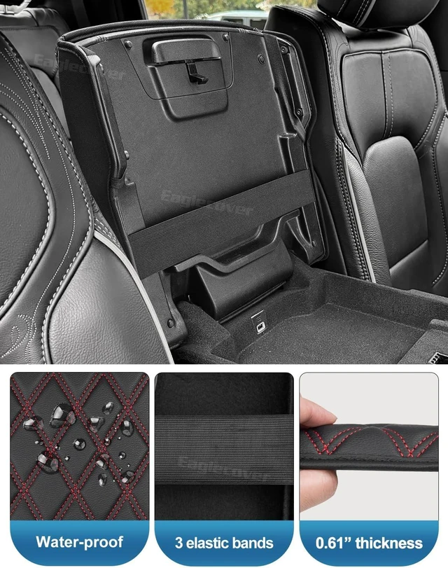 Alt view image 5 of 7 - Center Console Cover for Dodge Ram 1500 2019-2026, Bucket Seat, Vinyl Leather Interior Accessories, Car Armrest Cushion Pad, Anti-Scratch, Black-Red Stitch