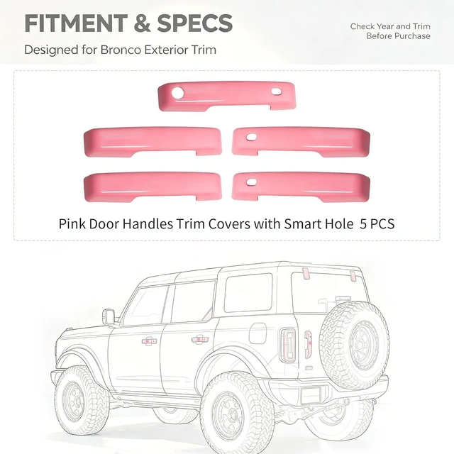 Alt view image 3 of 7 - Pink Door Handle Covers for Ford Bronco 4 Door - with Smart Hole