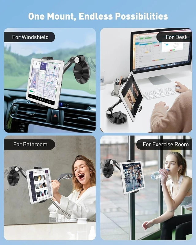 Alt view image 3 of 7 - iPad Suction Mount, Phone Tablet Stand Holder with Suction Cup Fits 4"-11" Tablet/Phone/iPad mini/Air, Sticky iPads Mount on Window Bathroom Mirror, for Car Truck Windshield Boat (Black)