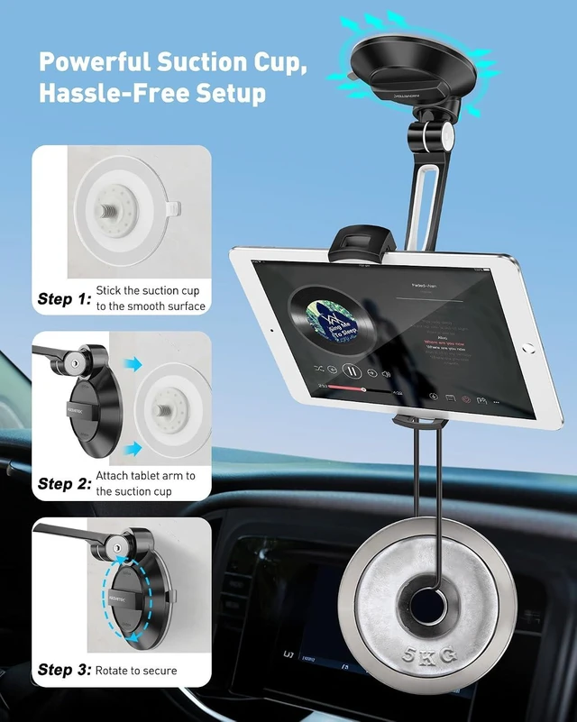 Alt view image 7 of 7 - iPad Suction Mount, Phone Tablet Stand Holder with Suction Cup Fits 4"-11" Tablet/Phone/iPad mini/Air, Sticky iPads Mount on Window Bathroom Mirror, for Car Truck Windshield Boat (Black)