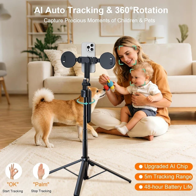 Alt view image 2 of 7 - 71 Auto Face Tracking Tripod for iPhone with 2 Lights 360° Rotating Stand
