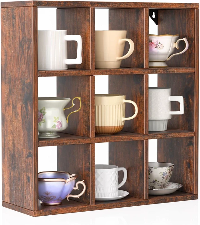Main image of 9 Grid Vintage Coffee Mug Display Rack, 16inch Wall Mounted Wooden Curio Shadow Box Shelf, Cup Floating Shelves Display and Organizer (Bronze)