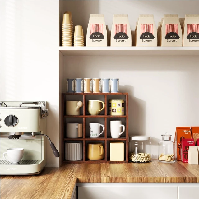 Alt view image 2 of 7 - 9 Grid Vintage Coffee Mug Display Rack, 16inch Wall Mounted Wooden Curio Shadow Box Shelf, Cup Floating Shelves Display and Organizer (Bronze)