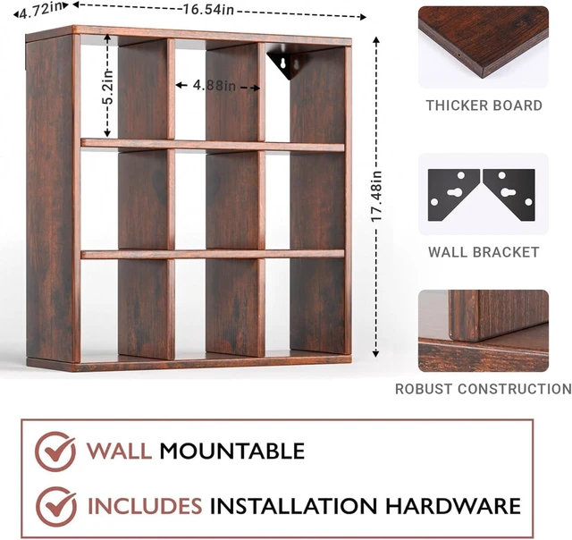Alt view image 3 of 7 - 9 Grid Vintage Coffee Mug Display Rack, 16inch Wall Mounted Wooden Curio Shadow Box Shelf, Cup Floating Shelves Display and Organizer (Bronze)