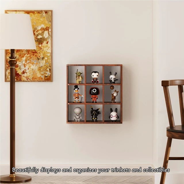 Alt view image 4 of 7 - 9 Grid Vintage Coffee Mug Display Rack, 16inch Wall Mounted Wooden Curio Shadow Box Shelf, Cup Floating Shelves Display and Organizer (Bronze)