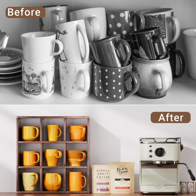 Alt view image 6 of 7 - 9 Grid Vintage Coffee Mug Display Rack, 16inch Wall Mounted Wooden Curio Shadow Box Shelf, Cup Floating Shelves Display and Organizer (Bronze)