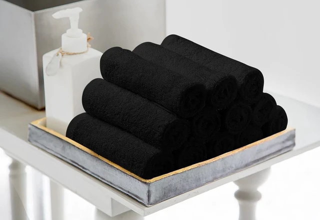 Alt view image 3 of 7 - Salon Towel - Black Hand Towels Bulk Pack of 24 - 100% Cotton Absorbent Spa, Facial & Gym Towel for Working Out - 16x27 Inches (Not Bleach Proof)