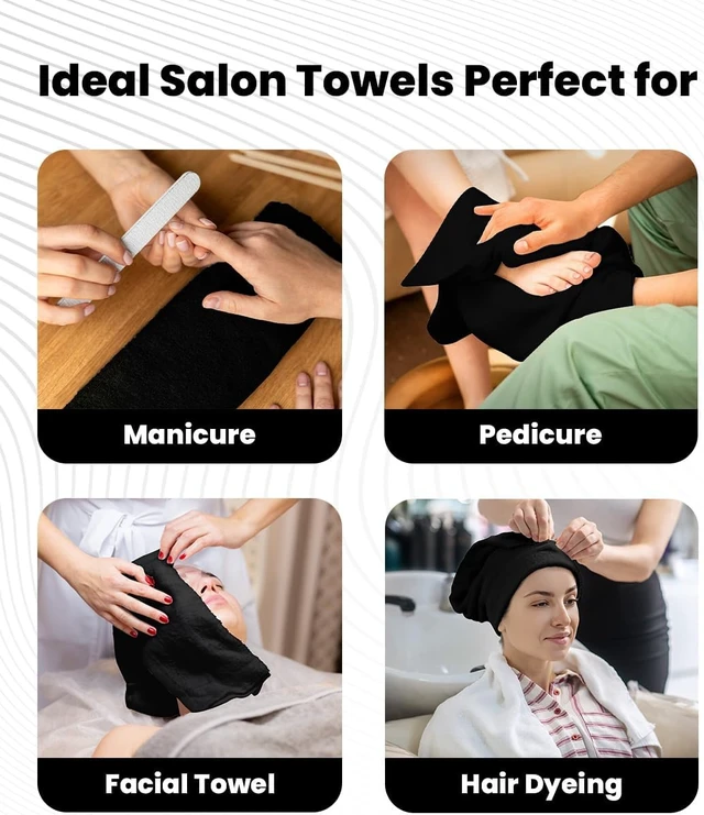 Alt view image 6 of 7 - Salon Towel - Black Hand Towels Bulk Pack of 24 - 100% Cotton Absorbent Spa, Facial & Gym Towel for Working Out - 16x27 Inches (Not Bleach Proof)