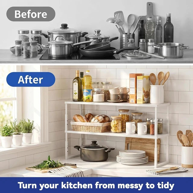 Alt view image 2 of 7 - 2 Packs Expandable Cabinet Shelf Organizer, Stackable Countertop Shelves