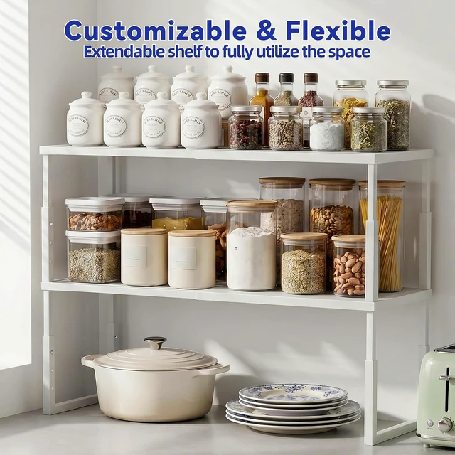 Alt view image 3 of 7 - 2 Packs Expandable Cabinet Shelf Organizer, Stackable Countertop Shelves