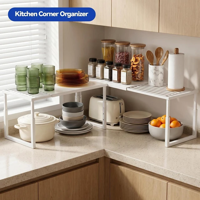 Alt view image 4 of 7 - 2 Packs Expandable Cabinet Shelf Organizer, Stackable Countertop Shelves