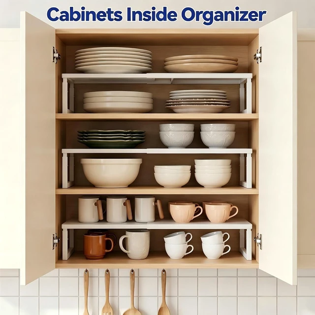Alt view image 5 of 7 - 2 Packs Expandable Cabinet Shelf Organizer, Stackable Countertop Shelves