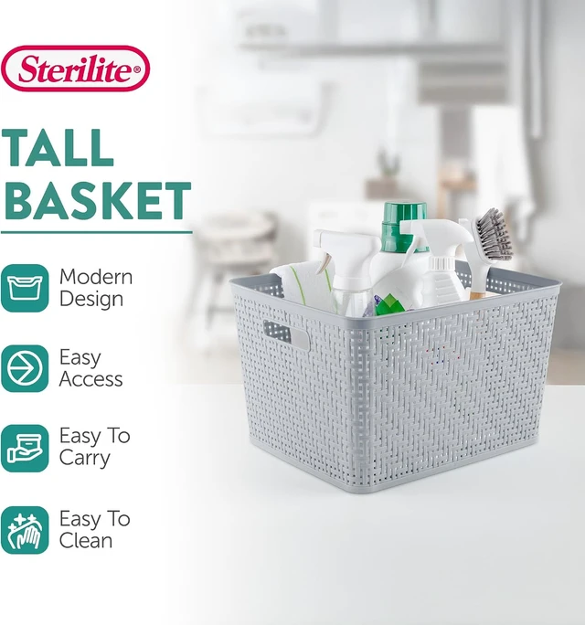 Alt view image 2 of 7 - Tall Basket, Woven Plastic Storage Organizer Bin, Cement, 6-Pack