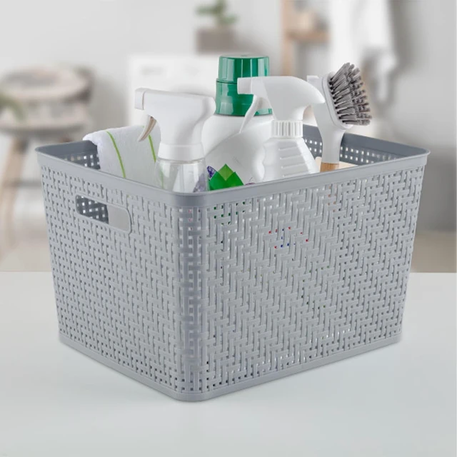 Alt view image 5 of 7 - Tall Basket, Woven Plastic Storage Organizer Bin, Cement, 6-Pack