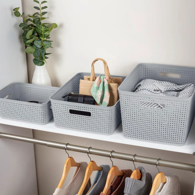 Alt view image 6 of 7 - Tall Basket, Woven Plastic Storage Organizer Bin, Cement, 6-Pack