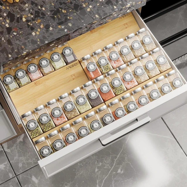Main image of Bamboo Spice Drawer Organizer with Non-slip Mat,4 Tier - 2 Set Jar Spice Rack Tray From 12''to 24'',Hold up 48 Jars Seasoning Organizer for Kitchen,Cabinet,Drawers,Countertop