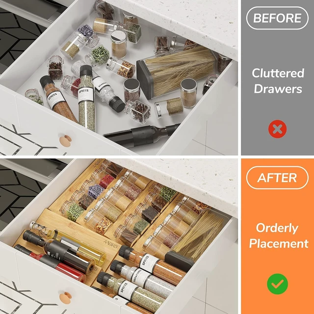 Alt view image 6 of 7 - Bamboo Spice Drawer Organizer with Non-slip Mat,4 Tier - 2 Set Jar Spice Rack Tray From 12''to 24'',Hold up 48 Jars Seasoning Organizer for Kitchen,Cabinet,Drawers,Countertop