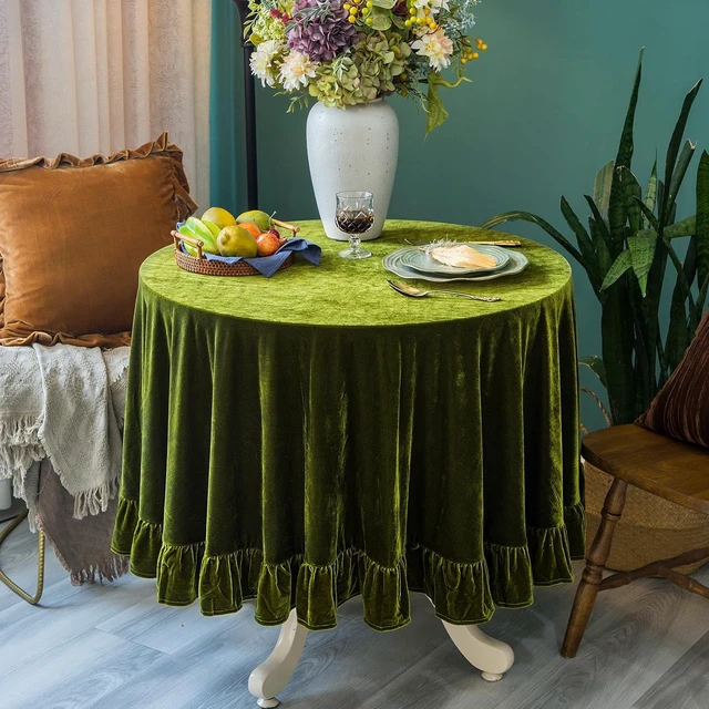 Alt view image 2 of 7 - Velvet Tablecloth Luxurious Solid Round Table Cloth,Oblong Retro Farmhouse Ruffle Tablecloths Washable Table Cover for Party Wedding Baby Shower Kitchen Dinning Tabletop Decoration