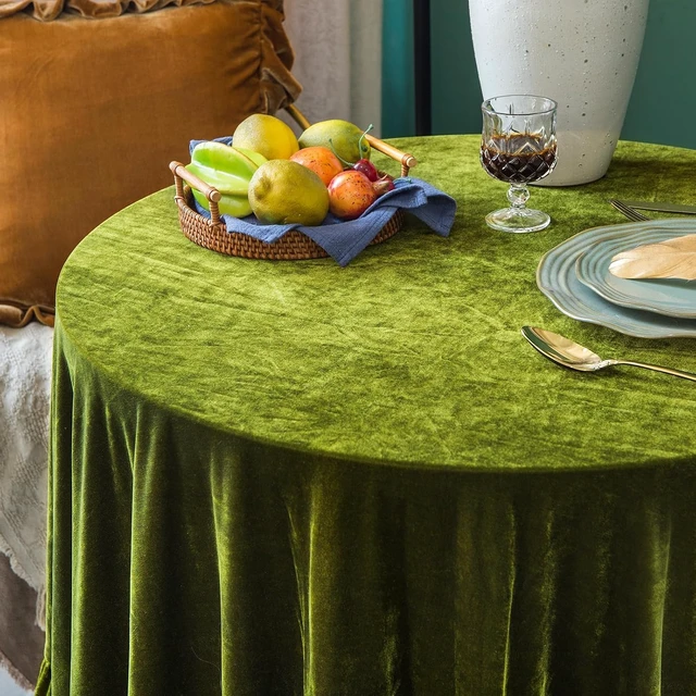 Alt view image 4 of 7 - Velvet Tablecloth Luxurious Solid Round Table Cloth,Oblong Retro Farmhouse Ruffle Tablecloths Washable Table Cover for Party Wedding Baby Shower Kitchen Dinning Tabletop Decoration