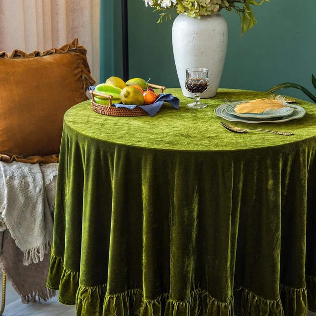 Alt view image 6 of 7 - Velvet Tablecloth Luxurious Solid Round Table Cloth,Oblong Retro Farmhouse Ruffle Tablecloths Washable Table Cover for Party Wedding Baby Shower Kitchen Dinning Tabletop Decoration