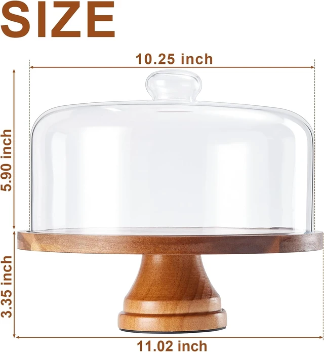 Alt view image 2 of 6 - 11in Acacia Wood Cake Stand with Lid, Cake Plate with Glass Dome