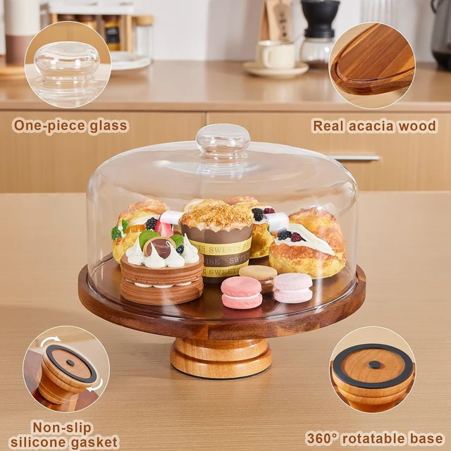 Alt view image 3 of 6 - 11in Acacia Wood Cake Stand with Lid, Cake Plate with Glass Dome