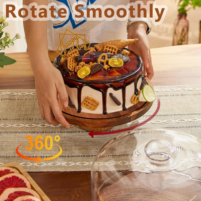 Alt view image 4 of 6 - 11in Acacia Wood Cake Stand with Lid, Cake Plate with Glass Dome