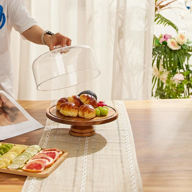 Alt view image 6 of 6 - 11in Acacia Wood Cake Stand with Lid, Cake Plate with Glass Dome