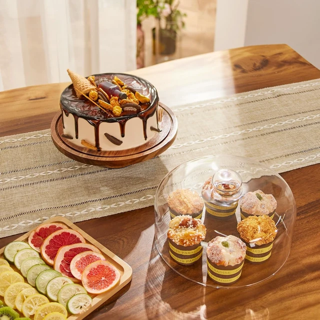 Alt view image 5 of 6 - 11in Acacia Wood Cake Stand with Lid, Cake Plate with Glass Dome