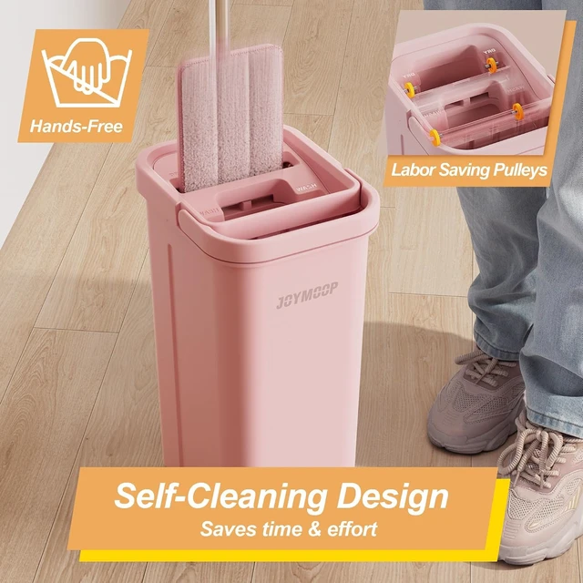 Alt view image 2 of 7 - Pink Mop and Bucket with Wringer Set for Home, with 3 Reusable Microfiber Mop Pads, Hands-Free Self-Cleaning System, Suitable for Floor Cleaning and Wall Cleaner