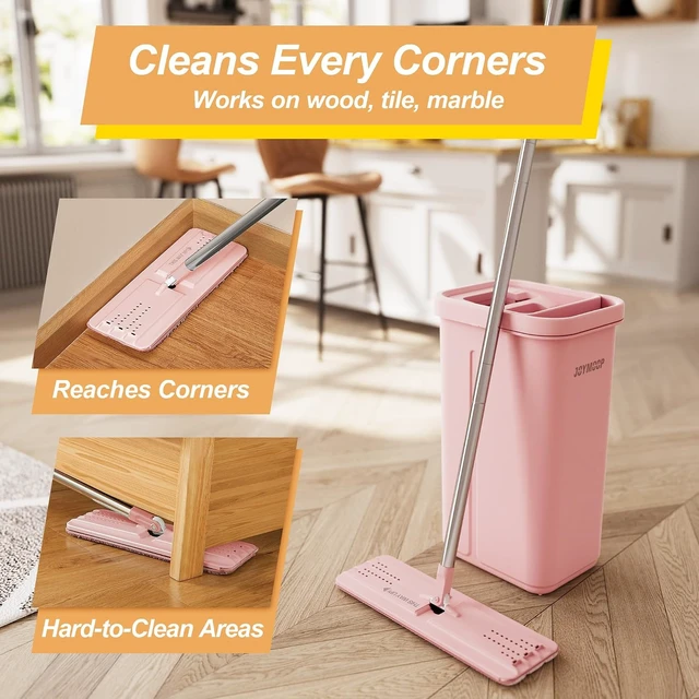 Alt view image 4 of 7 - Pink Mop and Bucket with Wringer Set for Home, with 3 Reusable Microfiber Mop Pads, Hands-Free Self-Cleaning System, Suitable for Floor Cleaning and Wall Cleaner